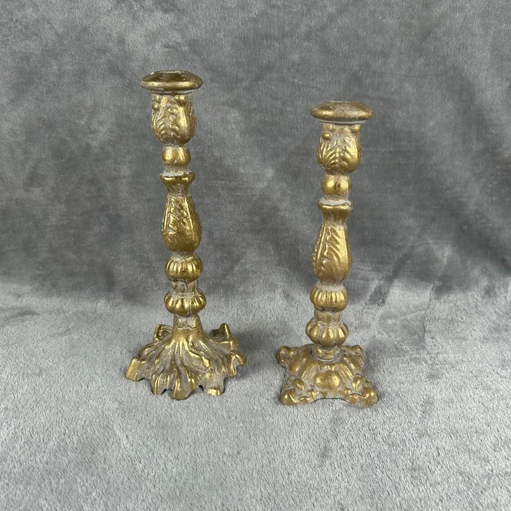 Vintage Antique Gold Cast Metal Candlestick Holders Pair Ornate Heavy Taper Set